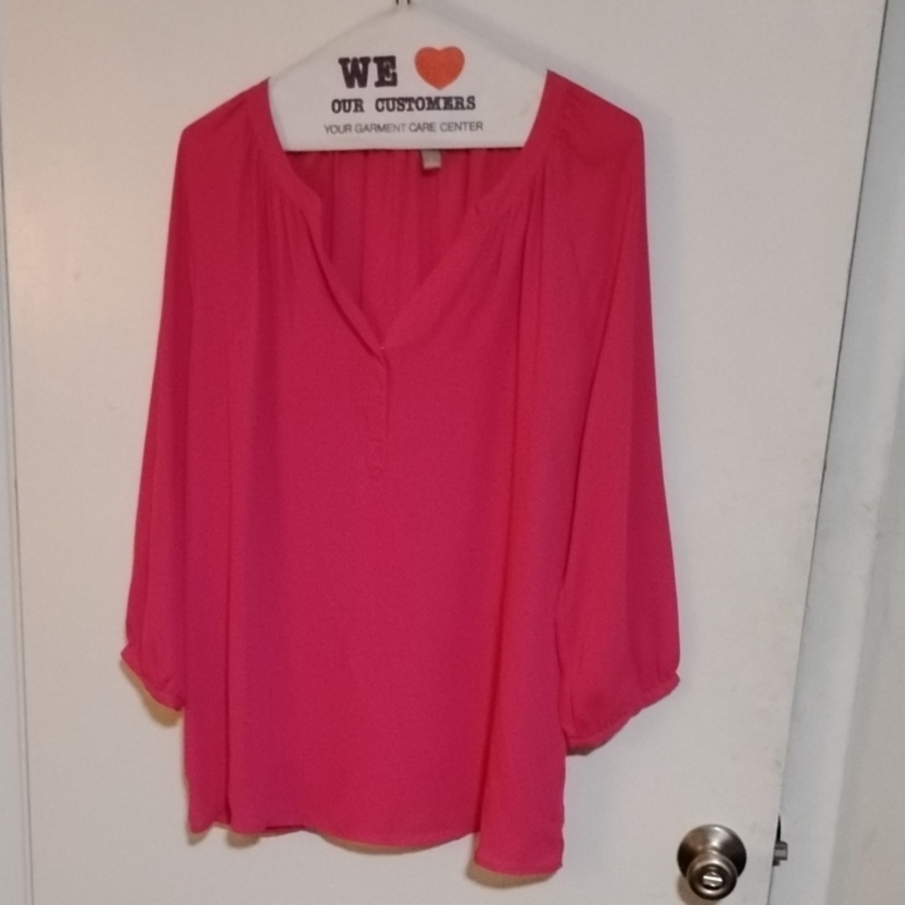Hot Pink V-Neck Flutter Sleeve Blouse
